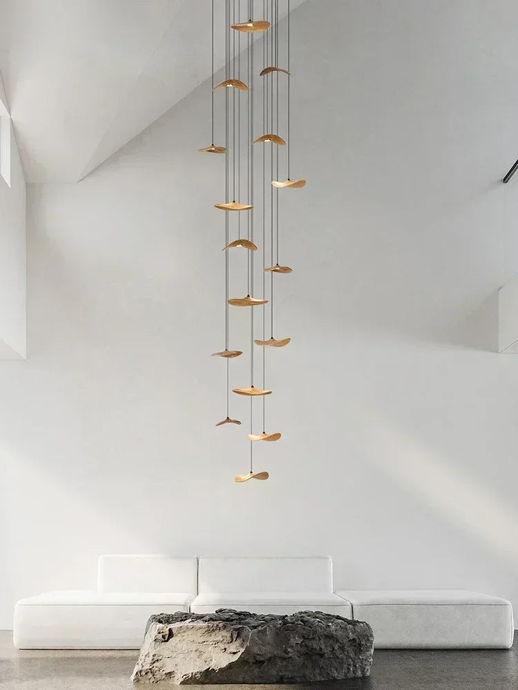 Japanese Lotus Leaf Chandelier Wabi Sabi Solid Wood Lamp Living Dining Room Zen Tearoom Villa Duplex Kitchen Island Linear Light
