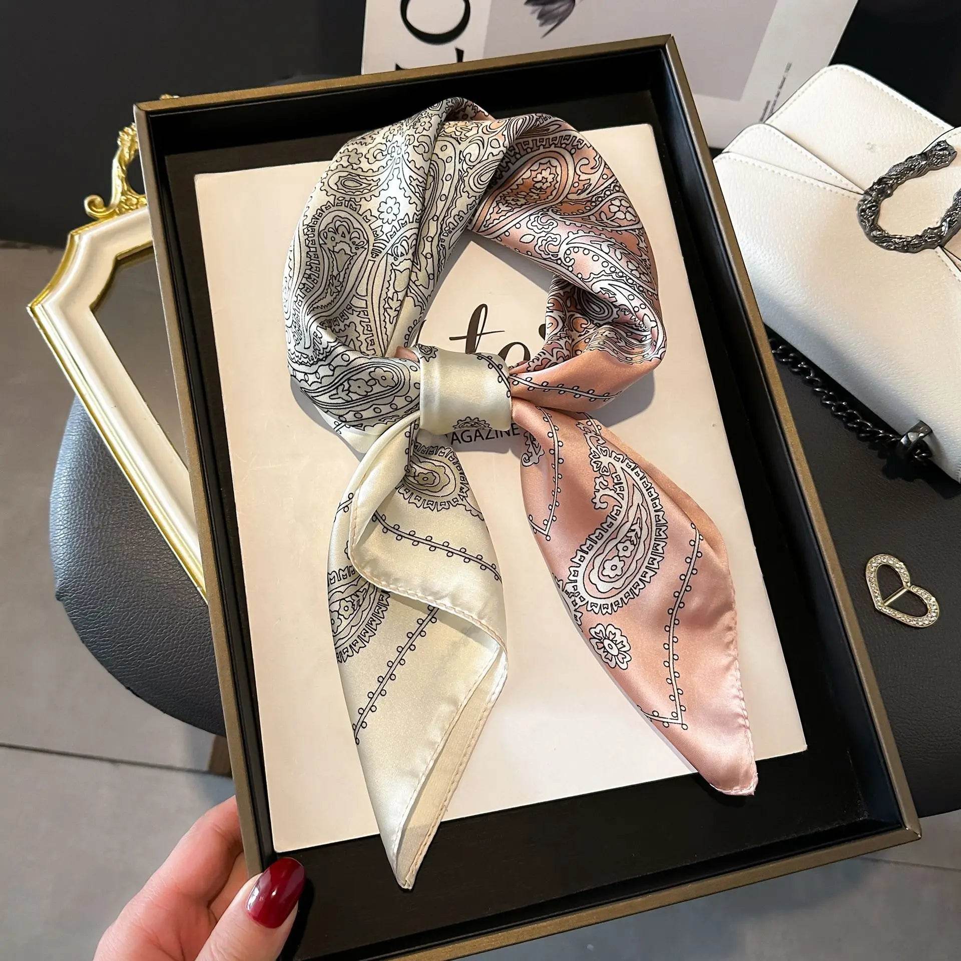 Luxury Chain Print Small Square Scarf Simulated Silk Thin Neck Scarf Fashion Sunscreen Headscarf For Women 70x70cm - AIAZ