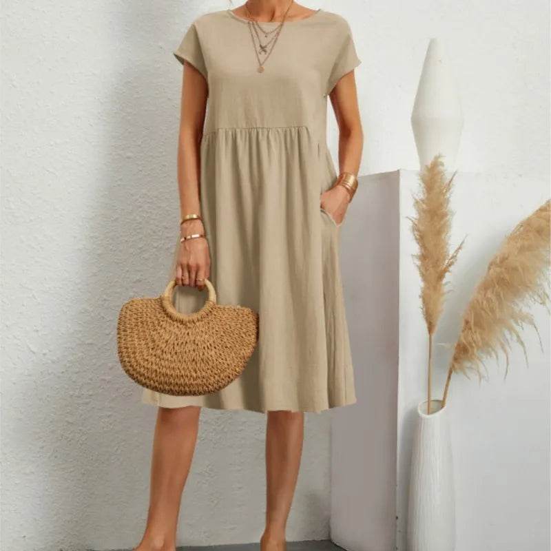 Women's Dresses 2025 Summer Fashion Casual Dresses Women Loose Mid Length Over Knee Dress New Short Sleeve Solid Dress Woman - AIAZ