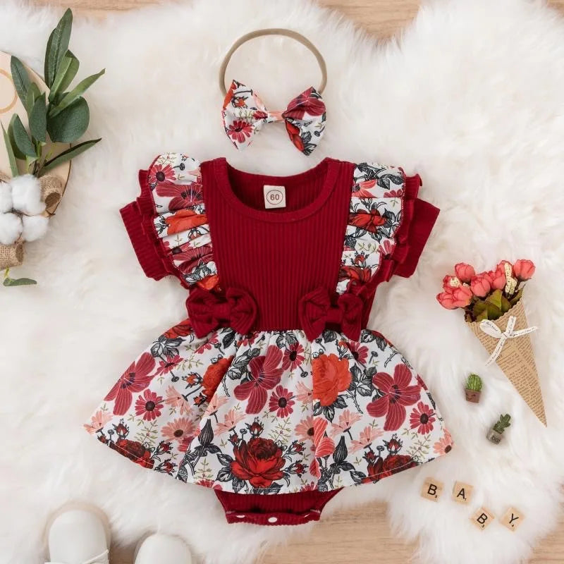 Summer Baby Girl Dress With Bowknot headband Striped Jumpsuit Cotton Dress For Newborn Floral Clothes Baby Crawling Clothes