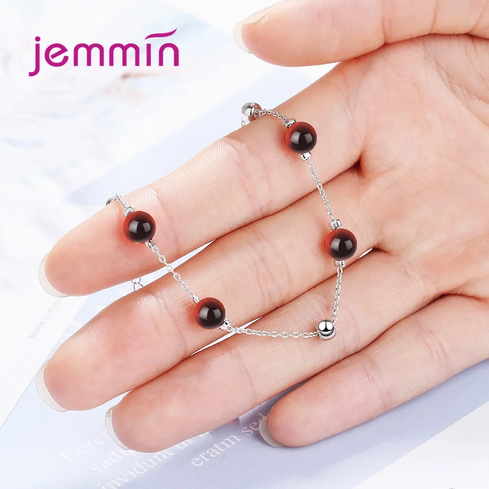 Charm 925 Sterling Silver Red Garnet Beads Chain Bangle&Bracelets for Women Girls Wedding Party Fashion Jewelry Gifts Accessory