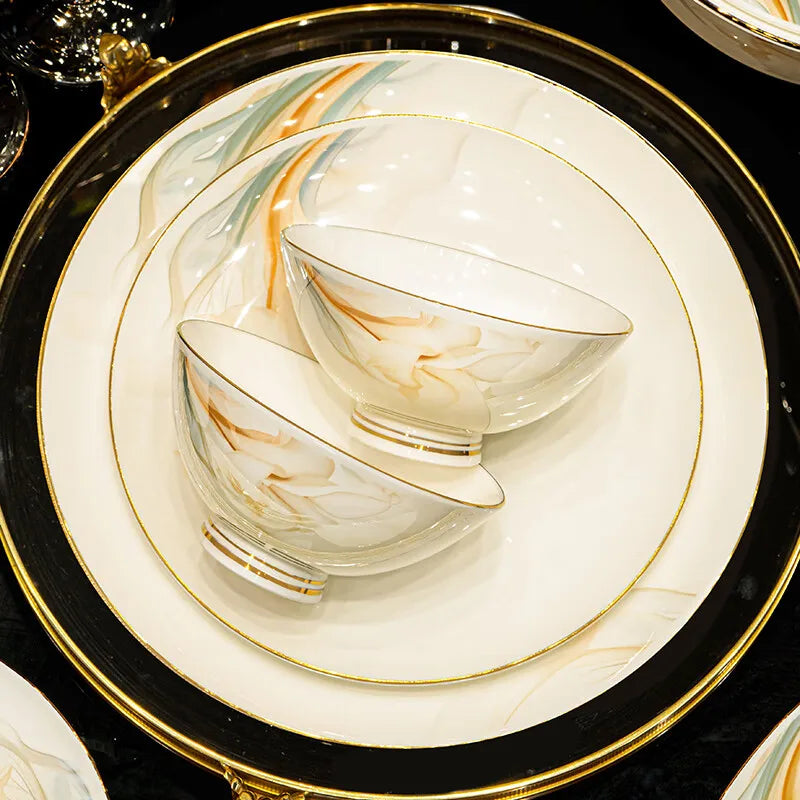 2025 New Jingdezhen High-end Bowl Plate Tableware Set For Housewarming Gift Bone China Bowl, Chopsticks Plate Set Gift Giving