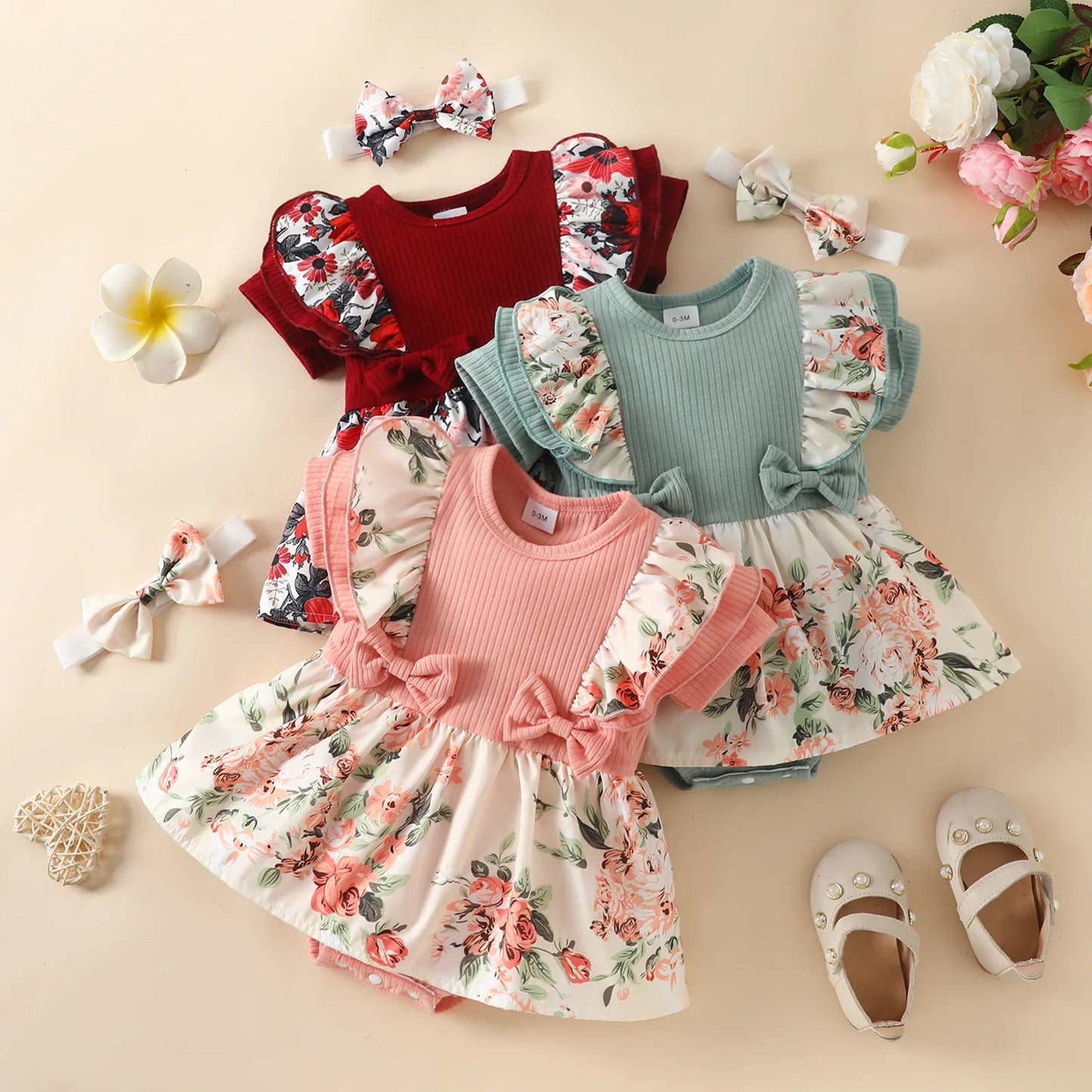 Summer Baby Girl Dress With Bowknot headband Striped Jumpsuit Cotton Dress For Newborn Floral Clothes Baby Crawling Clothes