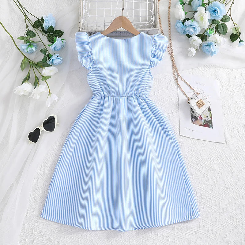 Girl Dress Summer New Light Blue Stripe Ruffled Sleeveless V-Neck Dress Elegant Cute Daily Casual Vacation Preppy Style Outifits