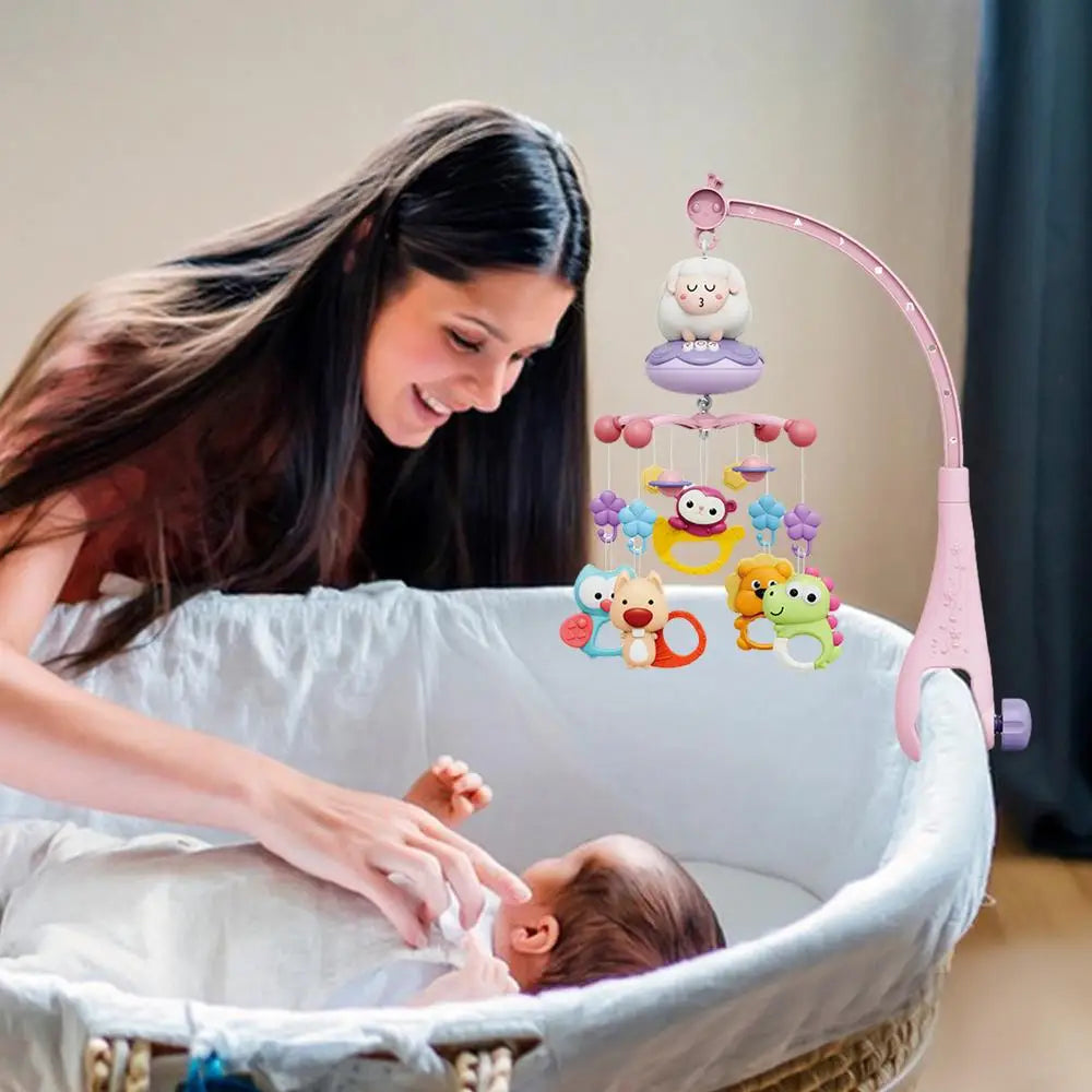 Baby Crib Mobile Rattle Toy With Music Lights Rotating Hangable Rattles Toy Cartoon Nursery Mobile For 0-24 Months Babys