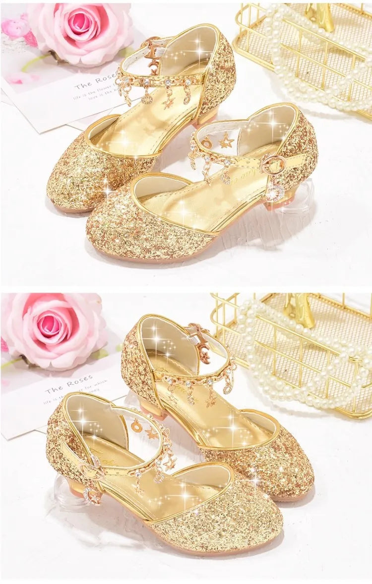 Heeled Dancing Shoes Due To Gold for Girls Glitter Shoes Heels Girls Princess Flowergirl Dresses Golden Girl Child Shoe for Wed