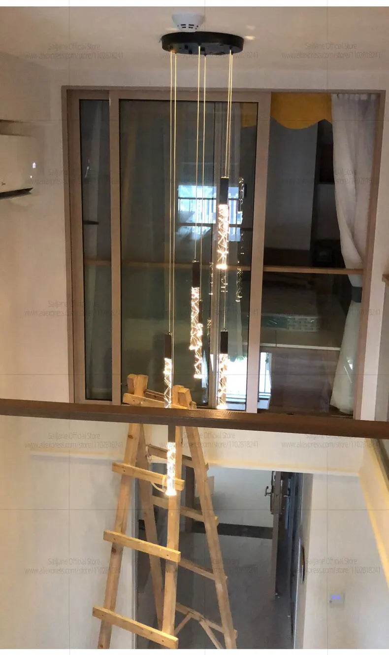 Modern LED Living Room Pendant Light Staircase Pendent Lamp Doublelayer Attic Spiral Long Ceiling Lamp Villa Crystal Chandelier