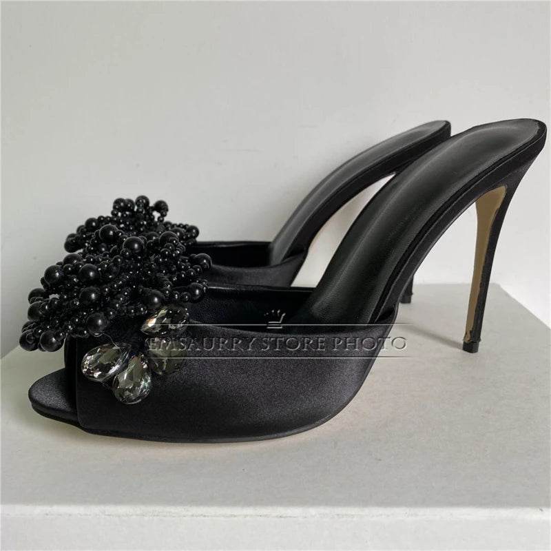 Crystal Beads Flower Decor Sandals Women 10cm Stiletto Heel Slingbacks Luxury Satin Summer Mules For Girls - AIAZ