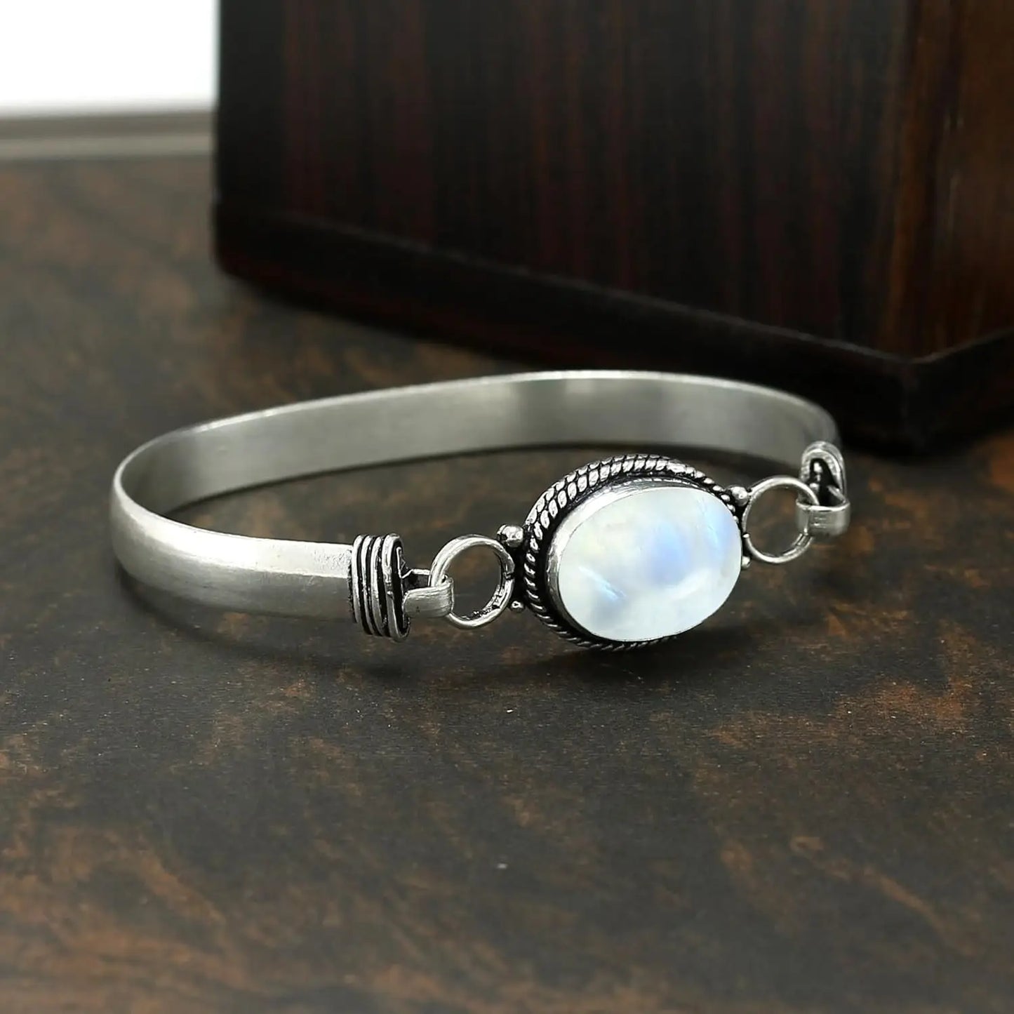 Vintage 925 Silver Natural Oval Moonstone Bangle Bracelets Handmade Birthstone Bangle Gifts Fine Jewelry for Women Men