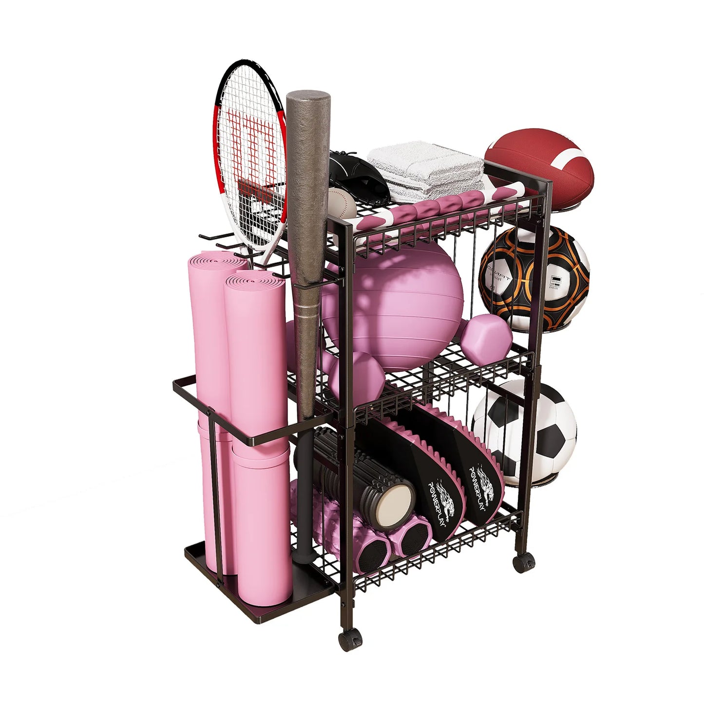 Disassemble and Assemble Sports Equipment Rack Universal Roller Design Basketball Yoga Mat Fitness Equipment Storage Basket
