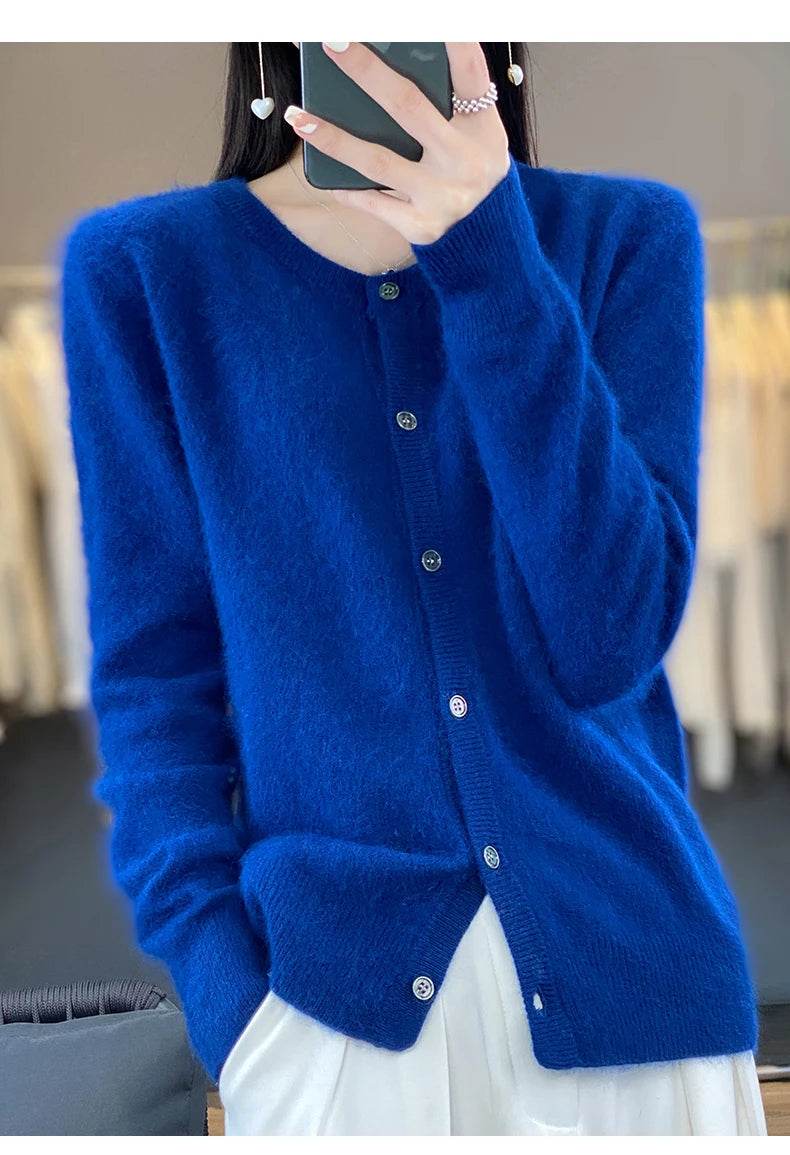 Women's Cardigan 100% Mink Cashmere Sweater,O-Neck Long Sleeve Top,Plus-Size Loose,Spring and Autumn Soft Knitted Jacket Female - AIAZ