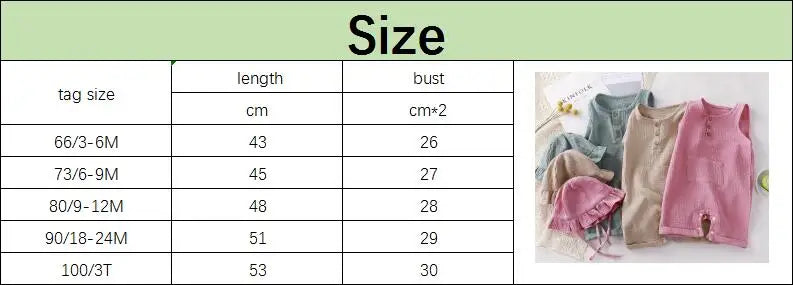 2Pcs/Set Baby Summer Clothing Solid Newborn Infant Romper With Hat Muslin Cotton Sleeveless Baby Boys Girls Jumpsuit Outfits
