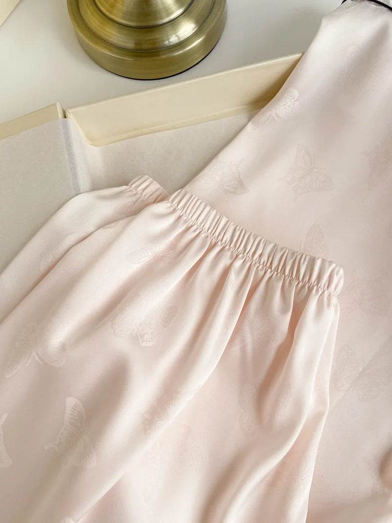 Summer Short Sleeve Pajamas Set Trouser Suits Women Sleepwear Elegant Pink Jacquard Butterfly Pyjama Pour Femme Satin Homewear - AIAZ