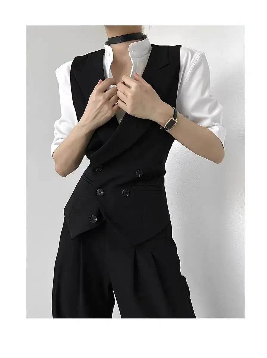 Black suit vest, cool stylish, unisex, high-end, gun collar, slim fit vest for women tank top ropa de hombre sleeveless top - AIAZ