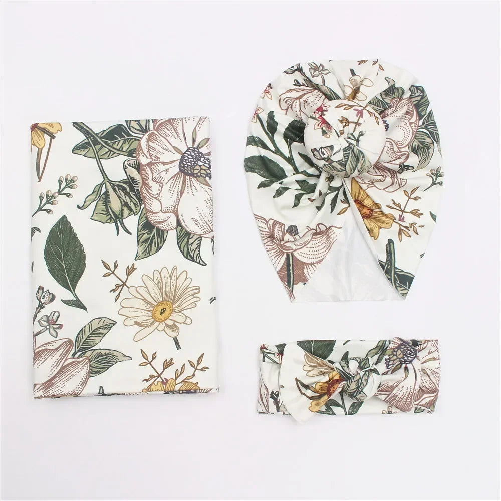 3pc/set Baby Swaddle Wrap New Born Receiving Blanket for Newborn Babies Accessories Soft Floral Headband Hat Bedding Baby Items