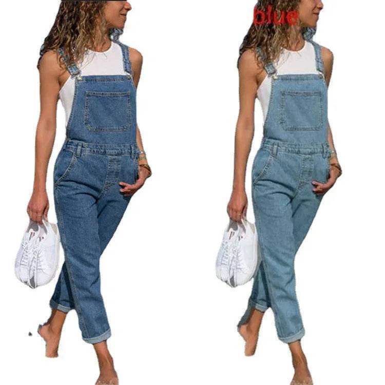 Women's Spring/Autumn Fashion Slimming Denim Suspenders, British Style Loose Leisure Small Leg Pants, Pencil Pants Suspenders - AIAZ