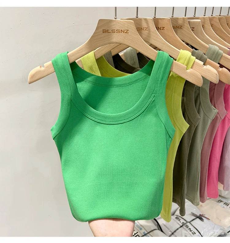 Women Solid Round Neck Ribbed Tank Top Camisole Women 2025 Summer Basic Elastic Tank Top O Neck Solid Tank Top - AIAZ
