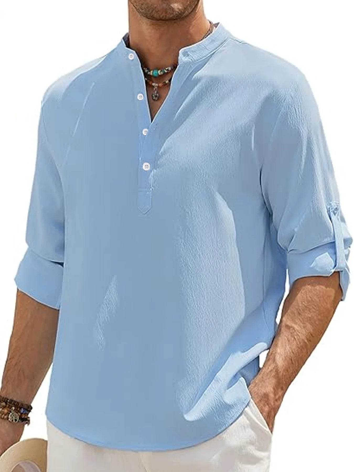 Men's Linen Shirt Summer 2025 Casual Short Sleeve Breathable Stand Collar Loose Fit Trendy Solid Color Youth Top with Pocket - AIAZ