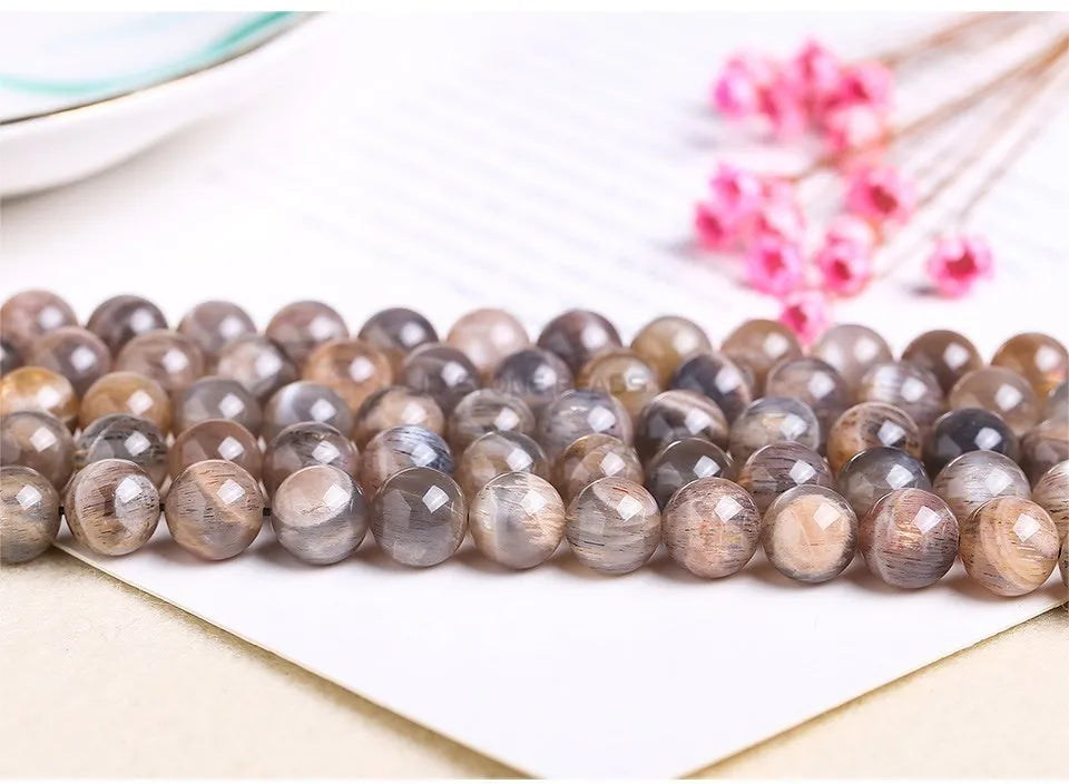 Natural Black Sunstone Moonstone Beads Round Loose Spacer Gems Charm Bead For Jewelry Making DIY Bracelet Necklace Accessories