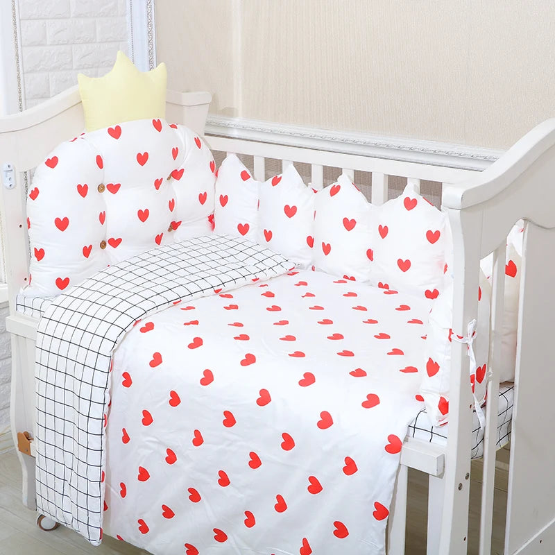 100% Cotton Crib Bed Linen Kit,Crown Design Baby Crib Bedding Set,Baby Bedding Set Includes Bumpers+Pillow+Quilt+Mattress cover