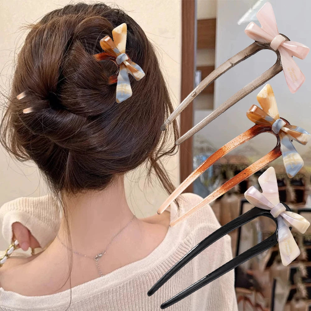 New Acetate Bow U-Shaped Hair Sticks for Women Girls Acrylic Hair Fork Bun Sweet Trendy Hairpin HairStyling Hair Accessories