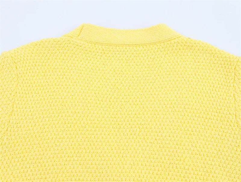 Women's cardigan new summer style for 2025 yellow short-sleeve knitted jacket star button decoration casual fashion - AIAZ