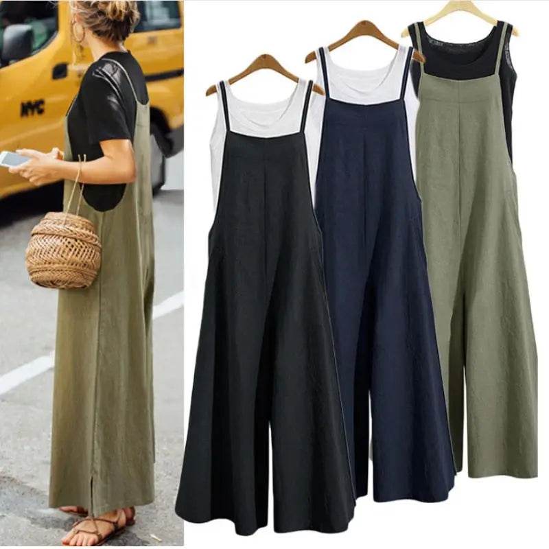 Women's Summer Sleeveless Jumpsuit Solid Color Wide Leg Bib Overalls Casual Loose Cotton Linen Straps Dungaree - AIAZ