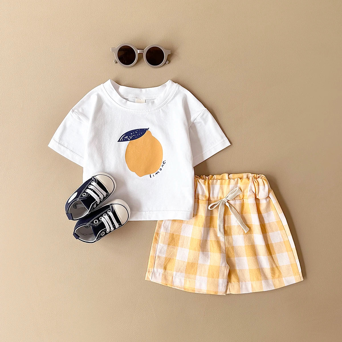 2PCS Summer Baby Boys Girls Clothes Set Lemon Print T-shirt+Checkered Shorts Beach Infant Toddler Outfit Suit 0-3Y