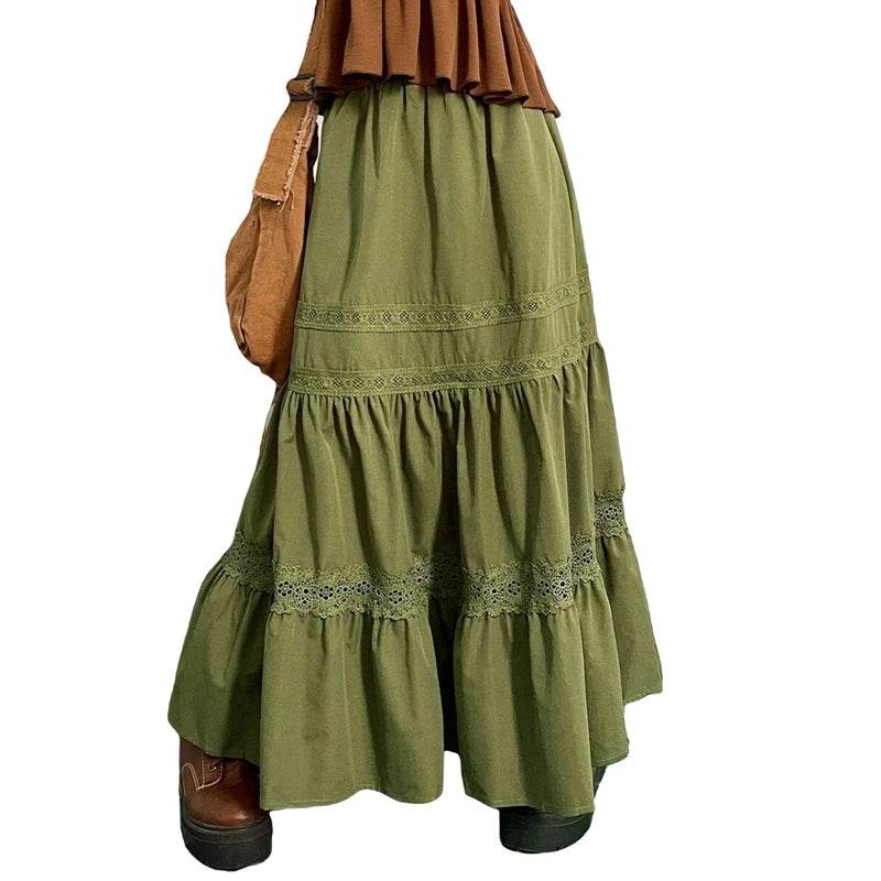 Skirts For Woman Green Pleated Skirts Korean Fashion Holiday Boho Waist Long Skirts Retro Y2K Fairycore Cute Lace Trim Clothes - AIAZ