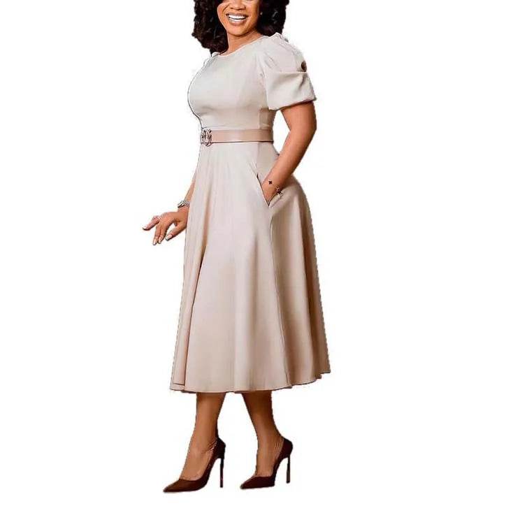 Elegant Office Dress for Women Professional O Neck Short Sleeve Belt Waisted A Line Mid Calf Formal Business Work Dress Midi New - AIAZ