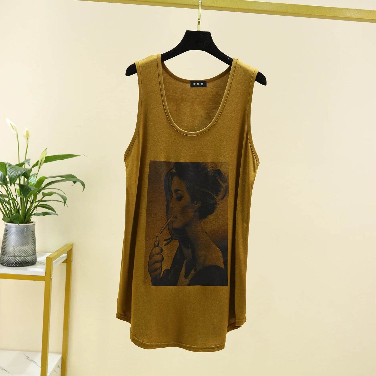 Women Long Tank Tops O-Neck Fashion Print Beauty's Head Casual Loose sleeveless T-shirt streetwear camis tops - AIAZ