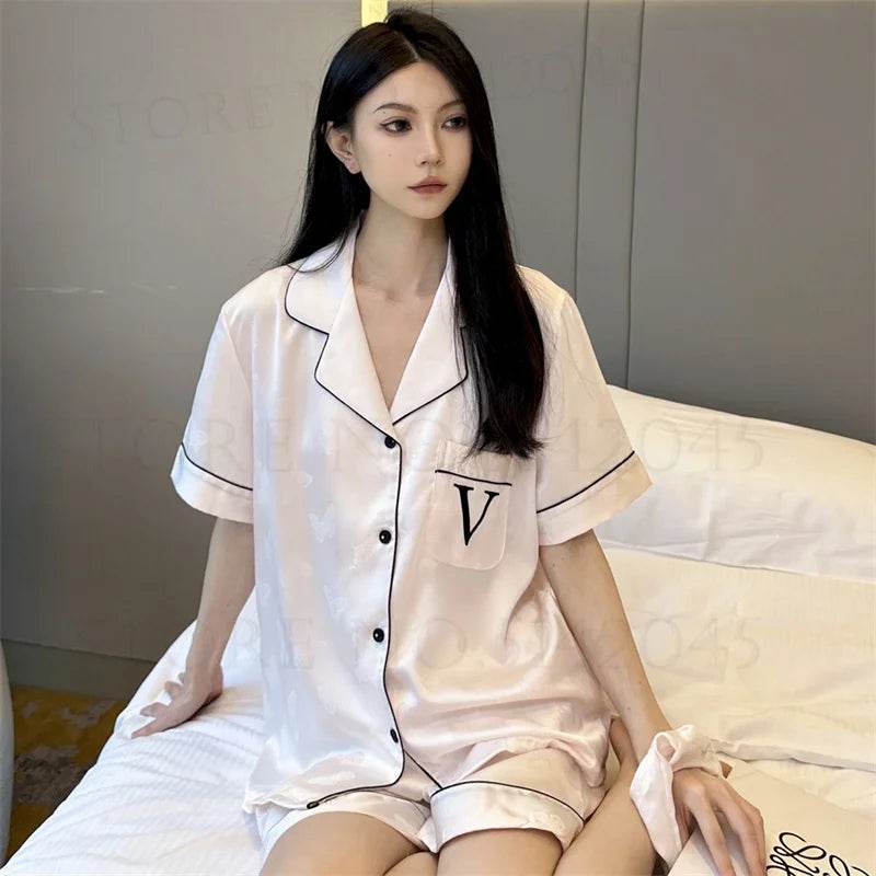 Summer Short Sleeve Pajamas Set Trouser Suits Women Sleepwear Elegant Pink Jacquard Butterfly Pyjama Pour Femme Satin Homewear - AIAZ