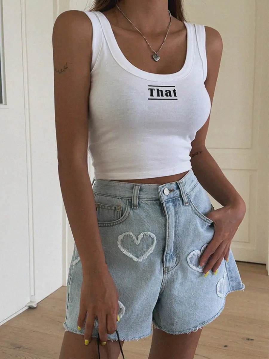 Women's Jeans Shorts Blue Cute Raw Edge Heart Pattern High Waist Fashion Denim Hot Pants Y2k Summer Casual Clothing - AIAZ