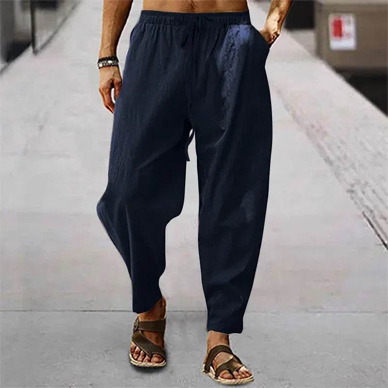 2025 Men Cotton Linen Pants Summer and Autumn Solid High Waist Wide-Leg Trousers Male Loose Hemp Casual Breathable Sports Pants - AIAZ