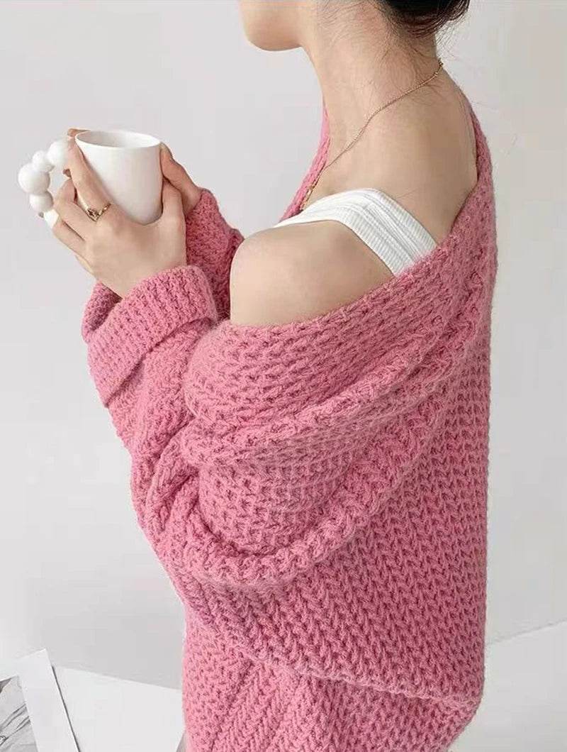 Korean Cardigan Sweater for Women Autumn Winter Loose Lazy Style Female Midi Knit Coats Fashion V Neck Casual Big Pocket Jumpers - AIAZ