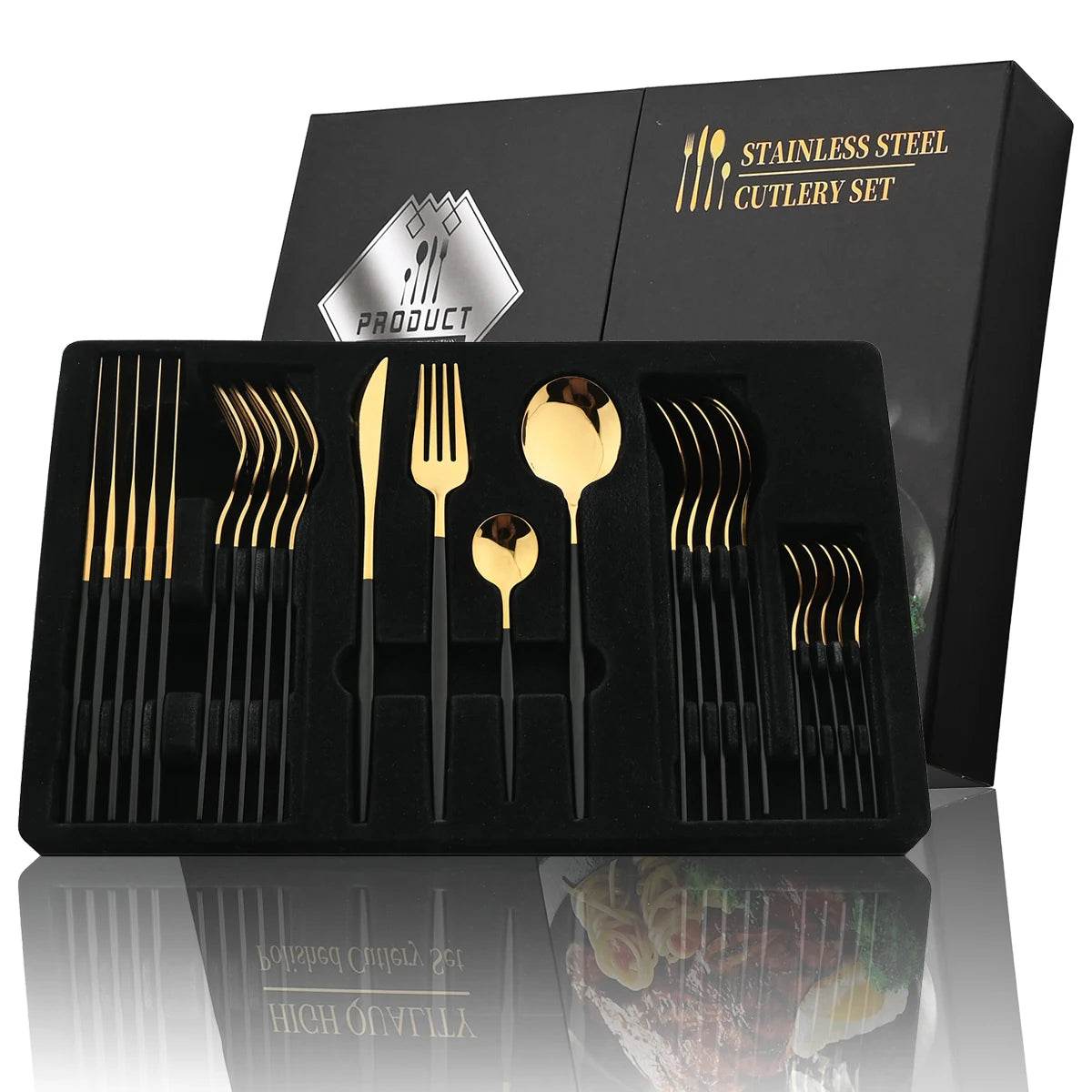 24Pcs Black Handle Golden Cutlery Set Stainless Steel Knife Fork Spoon Tableware Flatware Set Festival Kitchen Dinnerware Gift - AIAZ