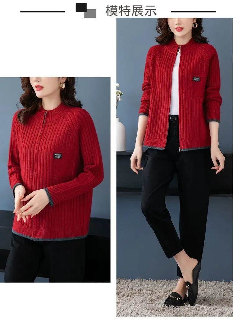 Knitted Cardigan Women's Coat 2025 Autumn Winter New Long sleeved Casual Zipper Sweaters Outwear Female Short Knitt Jacket - AIAZ