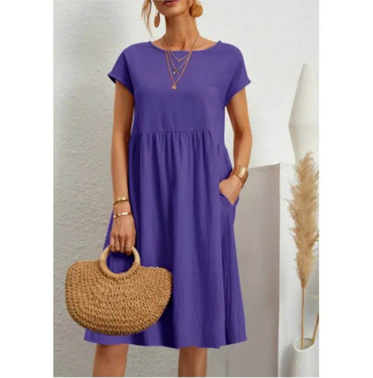 Women's Dresses 2025 Summer Fashion Casual Dresses Women Loose Mid Length Over Knee Dress New Short Sleeve Solid Dress Woman - AIAZ
