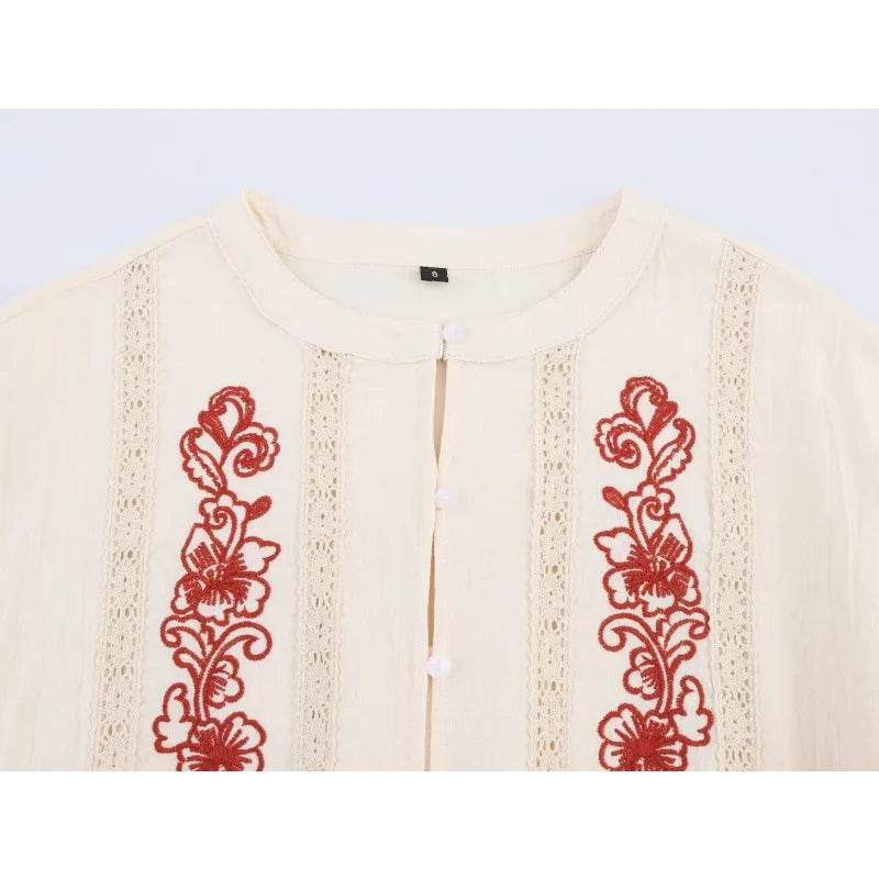 TRAFZR Ruffle Shirt Embroidered Women's Long Sleeve Top Boho Chic Woman Shirts Female Blouse Elegant Oversized Tops 2025 Cotton - AIAZ