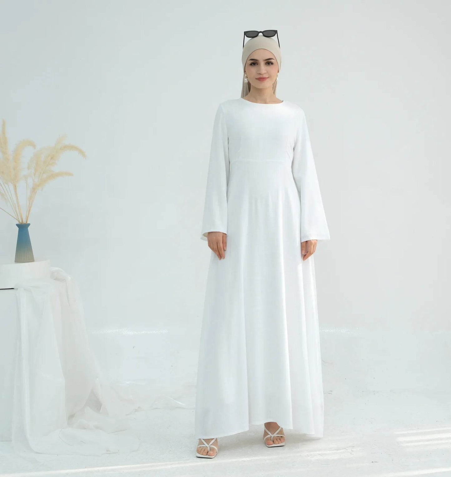 Muslim Women Long Loose Maxi Dress Dubai Turkey Solid Color Cotton Linen Waist Robe Abaya - AIAZ