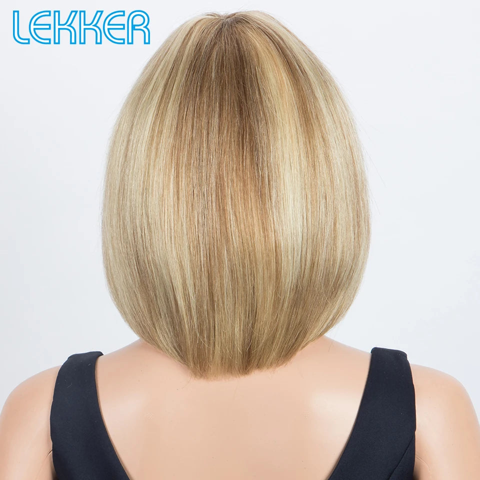 Lekker Blonde Short Straight Bob 100% Human Hair Wigs With Bangs For Women Brazilian Remy Hair Full Machine Made Daily 10" Wig