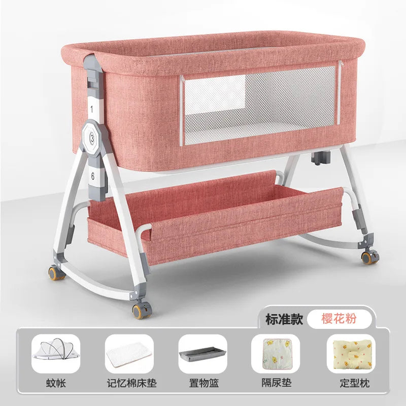 Crib Movable Multi-Function Folding Height Adjustment Splicing Queen Bed Baby Bassinet Newborn Baby Bed Anti-Overflow
