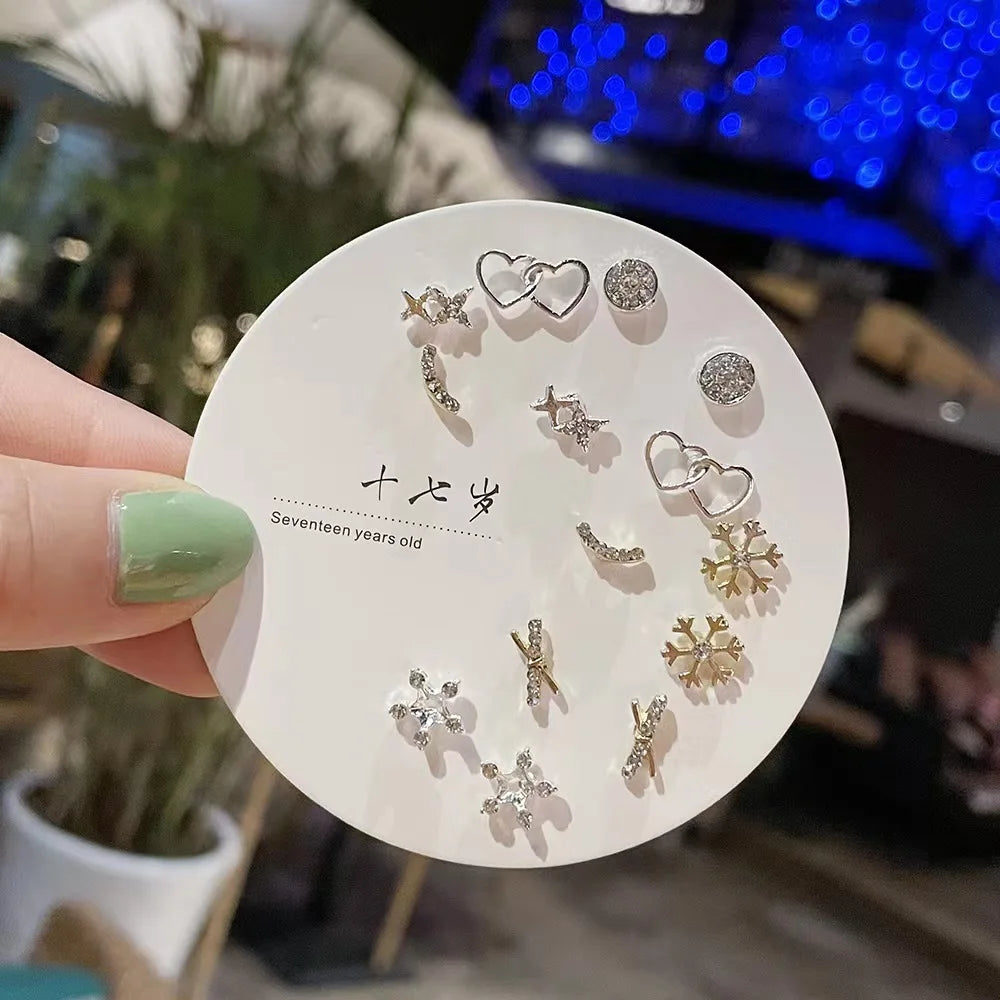 7 Pair/Set Korean Silver Color Fashion Geometric Female Small Earrings Multiple Pairs of Butterfly Cute Stud Earrings Jewelry