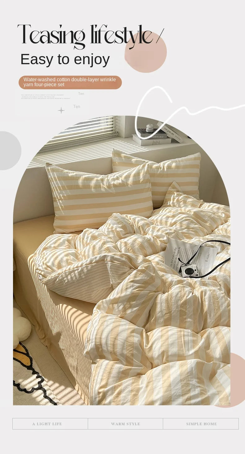 Washed Cotton Double Yarn Crepe Striped Quilt Set 3-4 Pillowcase with Sheet Bedding Cover Supplies 200x230 220x240 Skin Friendly