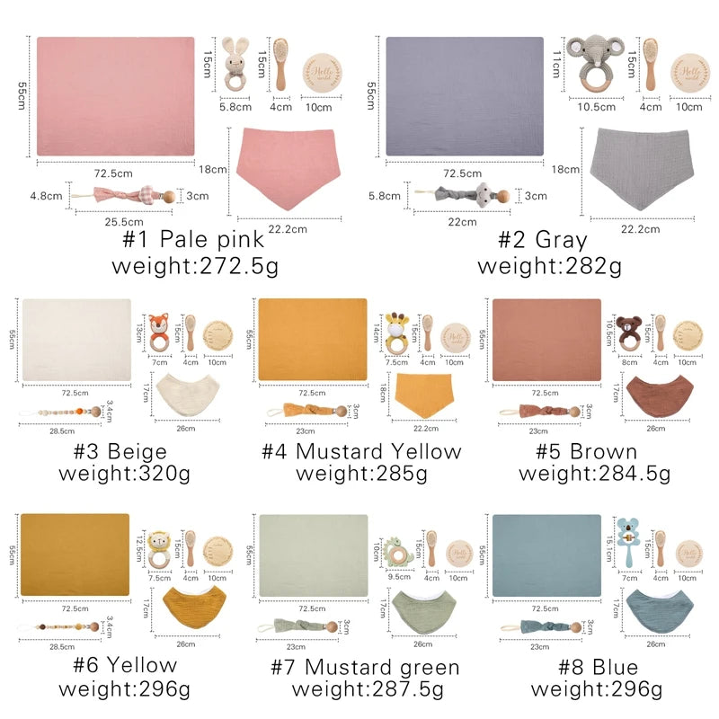 Baby Bathing Mouth Water Towel Pacifier Set Baby Full Moon Milestone Cards Wood Ring Rattle Bath Towel Wool Brush Birthday Gifts