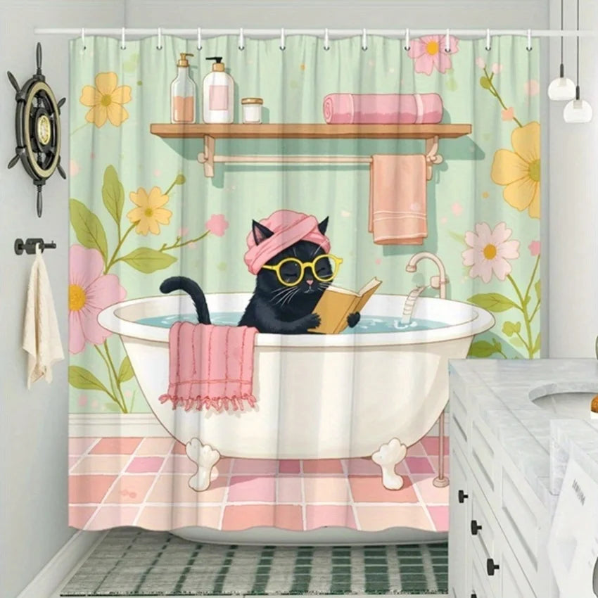 Adorable Cat in Bathtub Shower Curtain - Water-Resistant Fabric for Bathroom - Ideal for Whimsical and Pet Lovers