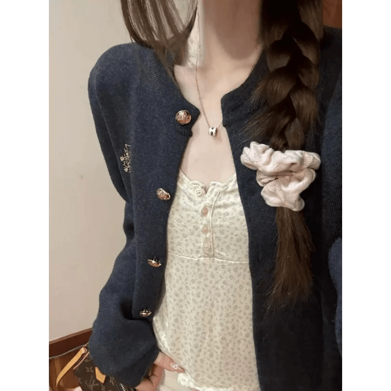 Gray Cardigan Sweater Women Loose Short Knit Coat For Spring And Autumn - AIAZ
