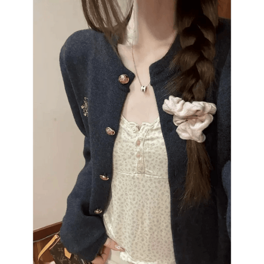 Gray Cardigan Sweater Women Loose Short Knit Coat For Spring And Autumn - AIAZ