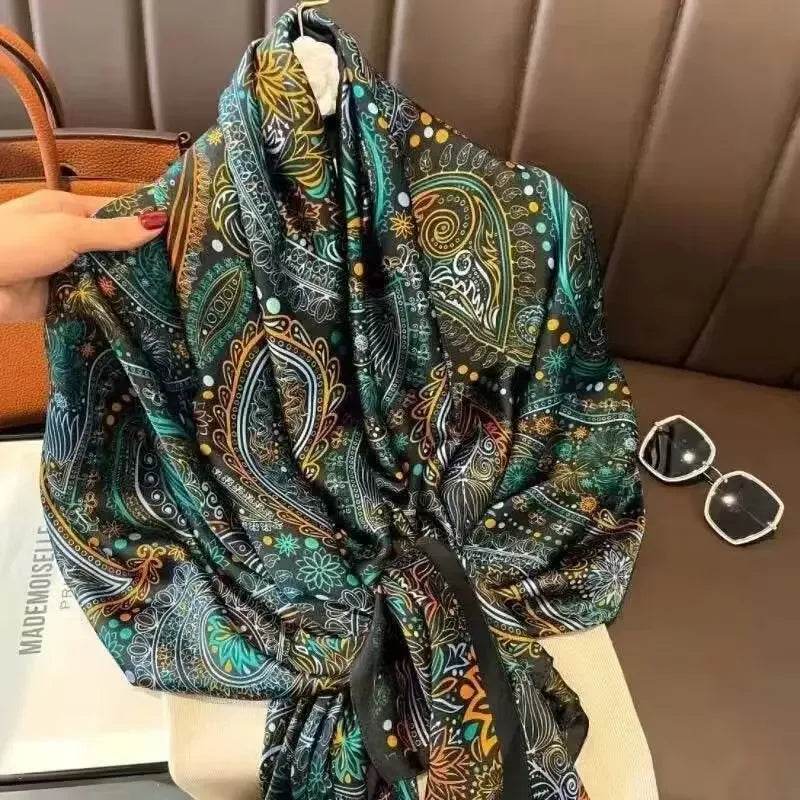 New Summer Women's Silk Scarf Sun Protection Satin Print Extra Long Beach Cover Up Decorative Mom's Shawl Fashionable Accessory - AIAZ