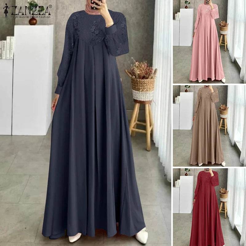 Autumn Muslim Fashion Long Dress ZANZEA Women Long Sleeve O Neck Vestidos Dubai Kaftan Maxi Sundress Robe Elegant Lace Abaya - AIAZ